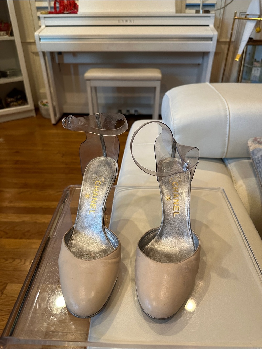 CHANEL Beige Leather Pumps with Clear Ankle Strap